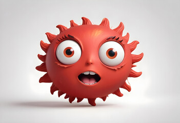 A vibrant red sun shaped character with large expressive eyes and surprised mouth, radiating playful energy and charm. This whimsical design captures attention and evokes joy