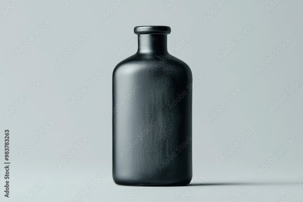 Sticker A Black Glass Bottle with a Rounded Bottom on a Grey Background