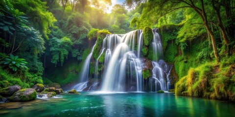 Waterfall cascading through lush forest setting, nature, water, cascade, flowing, trees, greenery, serene