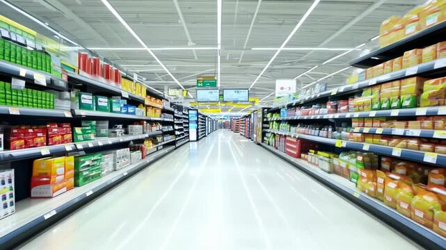 A spacious supermarket aisle displays neatly arranged shelves filled with various packaged groceries and products in vibrant colors.