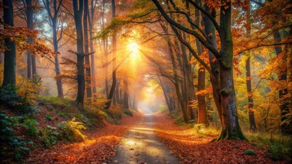 Obraz premium Enchanting foot path in an Autumn woodland leading to a bright light, enchanted, beautiful, fairy tale, forest, pathway