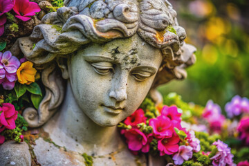 Vibrant blooming flowers surround a delicate, cracked, and weathered stone statue, symbolizing the beauty of youth and the elegance of aged refinement in nature.