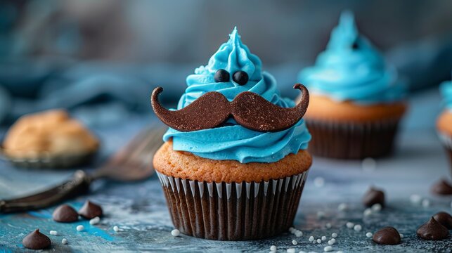 Whimsical father's day themed cupcake topped with a playful moustache decoration, perfect for celebratory treats, special occasions, and unique gifts for dads who appreciate a touch of humor in their 