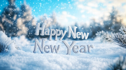 Celebrate the Season: A Scenic Winter Landscape with "Happy New Year" Written in Snow
