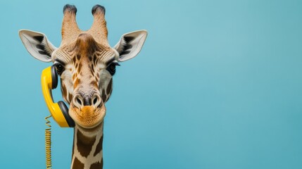 Obraz premium Funny giraffe with a retro yellow phone receiver against a blue background. Unique and humorous animal-themed photo for creative use.