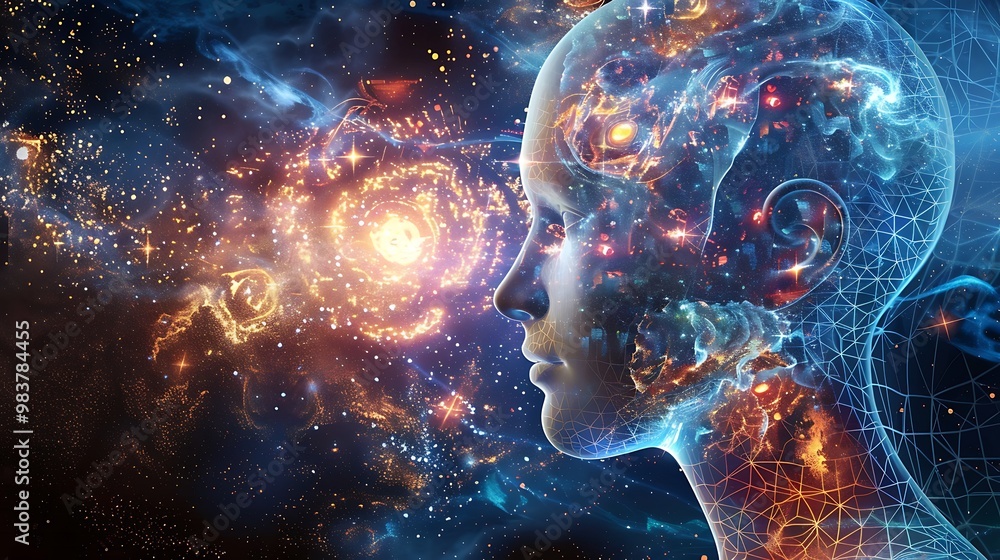 Poster digital art piece depicting a human head with the cosmos within it. it represents the vastness and c