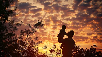 Father and son enjoying quality time in park at sunset, silhouette of dad carrying his child on back, celebrating father's day and cherished family bonding moments in nature