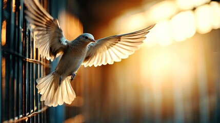 A delicate bird being released from a cage, its wings spreading wide as it flies into the bright, clear sky