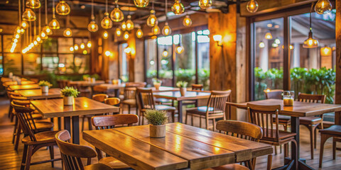 Fototapeta premium Cozy restaurant interior with warm lighting, rustic wooden tables, and elegant chairs softly blurred in the background, creating an inviting atmosphere for dining.