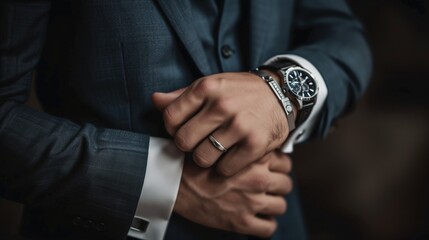 Close-Up of Man Adjusting Elegant Suit with Luxury Watch and Ring - Corporate Style