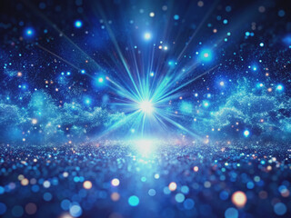 Fototapeta premium Deep dark blue abstract background illuminated by shimmering glowing particles radiating vibrant light, creating a mesmerizing futuristic and cosmic visual effect.
