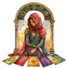 Obraz premium Serene image of young woman with tarot cards
