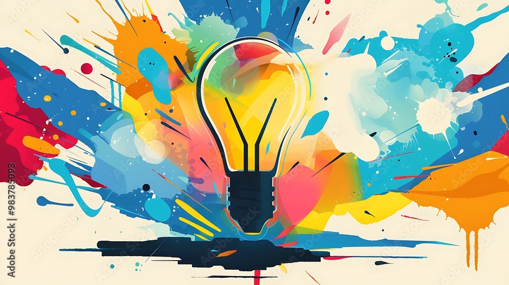 Poster abstract illustration of a lightbulb with colorful splashes representing creativity and new ideas.