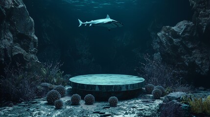 Fototapeta premium A tranquil underwater scene featuring a shark swimming near a mysterious circular platform surrounded by marine life.