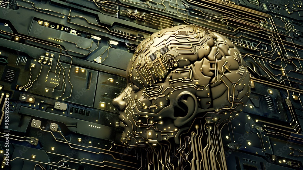 Poster golden human brain with intricate circuit board patterns representing the concept of artificial inte