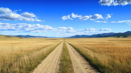 Obraz premium A solitary dirt road winds through the open grassland, framed by distant mountains and a bright blue sky, inviting exploration