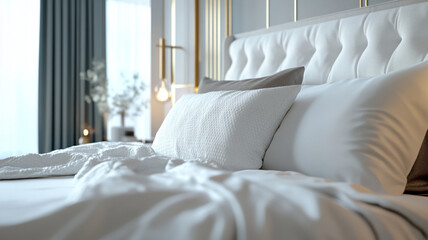 Cozy and inviting bedroom with soft pillows and warm lighting in a modern interior setting