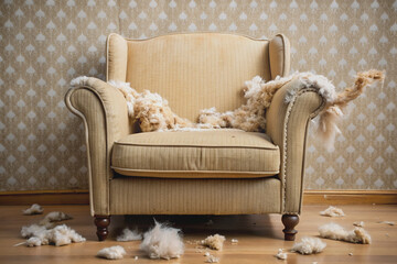 Worn, faded armchair with torn upholstery and scattered fluffy filling, set against a neutral wallpaper, showcasing a dog's destructive chewing habit.