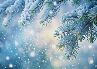 Obraz premium Snowflakes gently fall onto frosty pine tree branches, creating a serene winter wonderland scene with ample copy space for text or design elements.