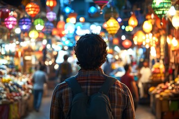 Obraz premium A Lone Traveler Amidst the Vibrant Night Market