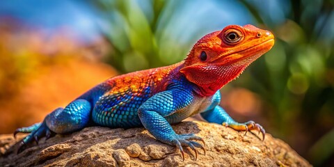 Obraz premium In a sun-drenched habitat, a striking red-headed agama lizard displays its colorful scales, embodying the vividness of