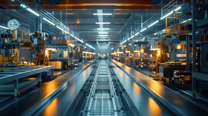 High-tech manufacturing plant with automated assembly lines, advanced machinery, focus on speed and precision, futuristic industrial design