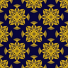 seamless floral pattern, Ethnic,Pattern, seamless , symmetric, repeat , wallpaper, background, backdrop, textiles, fabric, tile,navy blue,yellow 