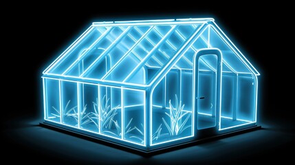 A striking neon wireframe greenhouse design set against a dark backdrop, perfect for modern aesthetics and bold visuals.