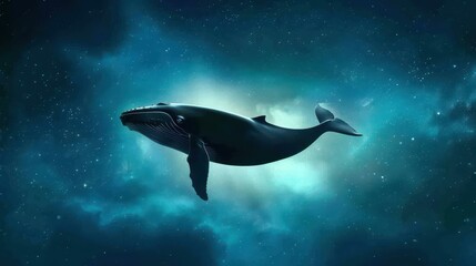 Fototapeta premium A whimsical photo wallpaper featuring a whale leaping from a fluffy cloud into a starry night sky, set on a textured backdrop.