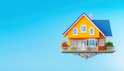 Bright and colorful house floating above ground with blue sky background, symbolizing creativity and innovation in architecture.