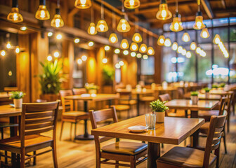 Cozy restaurant interior with empty tables, wooden chairs, and warm lighting, blurred background with soft focus, inviting atmosphere, and elegant decor.