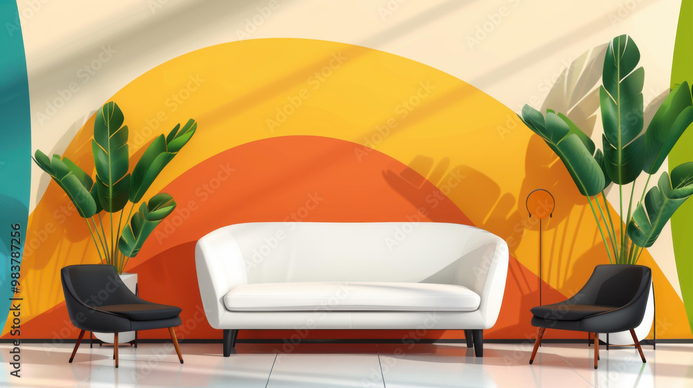 Wall mural A stylish living room with a white couch, chic black chairs, and potted plants creates a refreshing vibe.