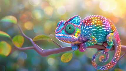A vibrant 3D chameleon perched on a branch, its bright colors and bulging eyes shine against a blurred nature backdrop.