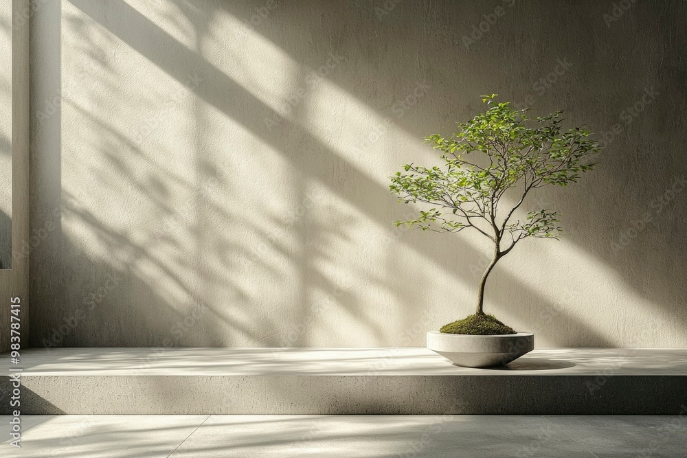 Poster minimalist interior with small tree in pot and concrete steps