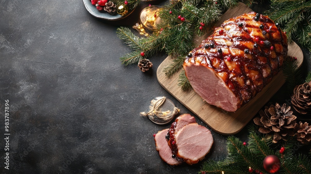 Wall mural 'delicious ham grey table top view space text christmas nner background baked celebration cooked copy cut dinner dish eat eve feast festive flat food fresh glazed epicure holiday homemade ingredient'