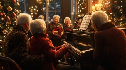 Elderly Friends Gathering Around a Piano for a Christmas Sing-Along , Christmas.