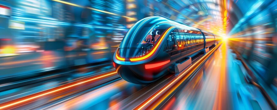 Futuristic hyperloop pod traveling through a transparent tube in a high-tech urban environment, showcasing the speed and innovation of future transportation
