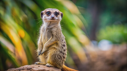 Fototapeta premium Adorable meerkat stands upright on hind legs, curled tail behind, with an inquisitive gaze fixed directly at the camera, showcasing its curiosity and charm.