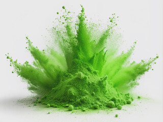 Vibrant green powder sits isolated on a pure white background with a dynamic green splash effect, evoking a sense of freshness and natural energy.