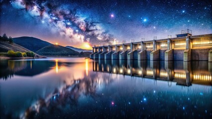Illuminated dam with multiple gates reflected in calm lake at night, under a starry sky, dam, gates, illuminated, night