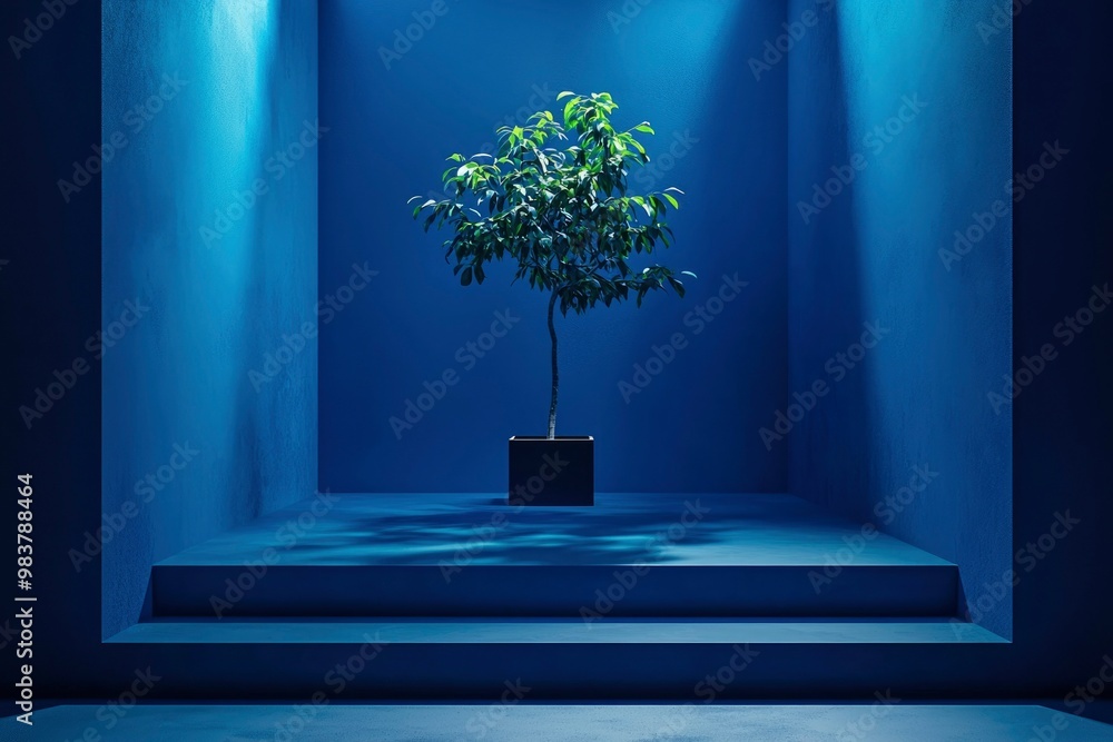 Poster a potted plant in a blue room with steps