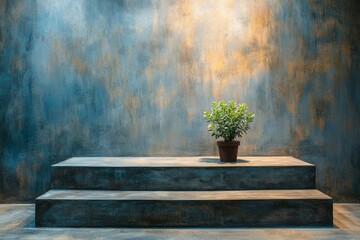 A potted plant sits on a concrete three-step platform against a textured wall