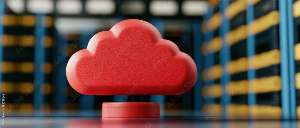 Poster red cloud icon in modern data center setting