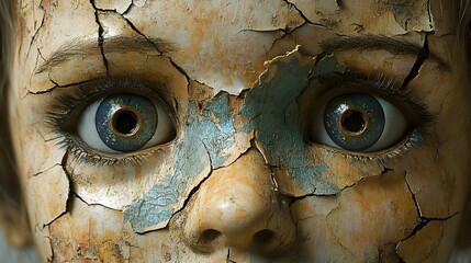 Vintage cracked doll face with unsettling party masks, creepy yet captivating, photorealistic digital art, isolated on white background