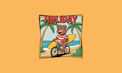Fototapeta premium Bear on bike with surfboard, holiday beach scene.