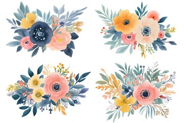 Set of watercolor flower bouquets, clipart isolated on a white background, in pastel colors
