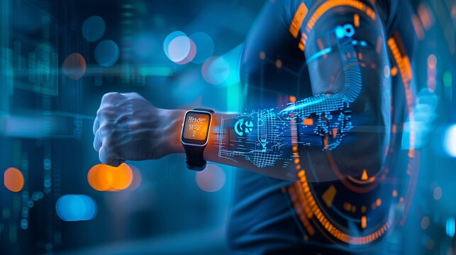 Futuristic fitness tracker, glowing brightly on a person's wrist. The device captures data,  illuminating the person's fitness progress in a digital overlay.