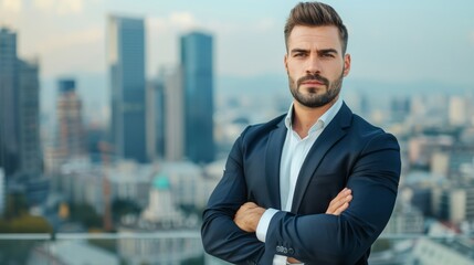 Fototapeta premium Businessman with arms crossed and a serious expression, standing confidently in front of a cityscape backdrop, demonstrating leadership and authority