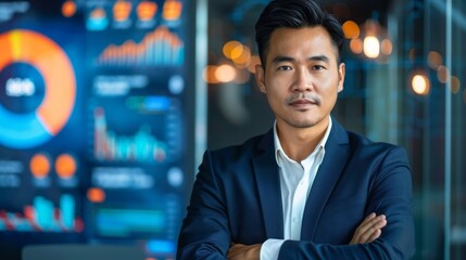 Fototapeta premium Asian businessman in a contemporary office, leading a project meeting with digital presentations and interactive displays, showing professionalism and expertise