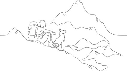 Continuous one line drawing man with dog in nature. Tourist with backpack looks at high mountains. Traveler with dog on the way. Mountain landscape. One continuous line isolated minimal illustration.